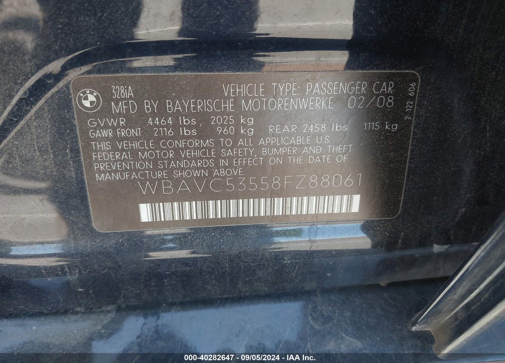 2008 BMW 328I VIN: WBAVC53558FZ88061