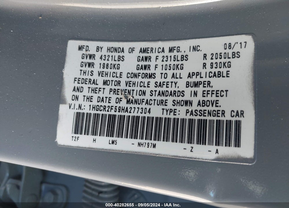 2017 HONDA ACCORD SPORT VIN: 1HGCR2F59HA277304