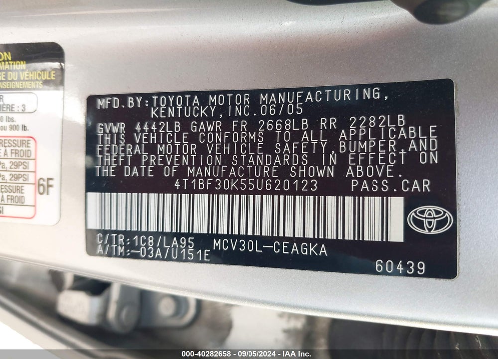 2005 TOYOTA CAMRY VIN: 4T1BF30K55U620123