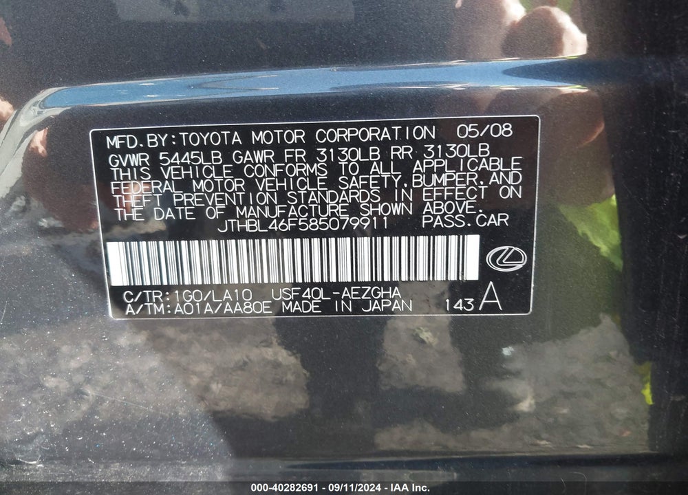2008 LEXUS LS 460 VIN: JTHBL46F585079911