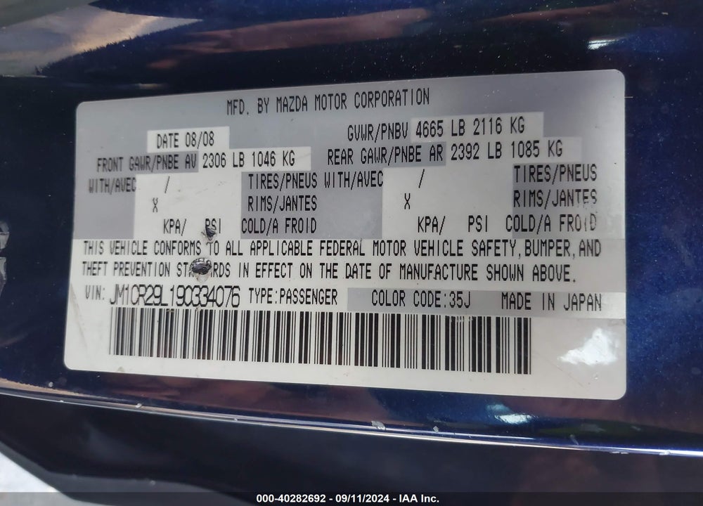 2009 MAZDA 5 SPORT VIN: JM1CR29L190334076