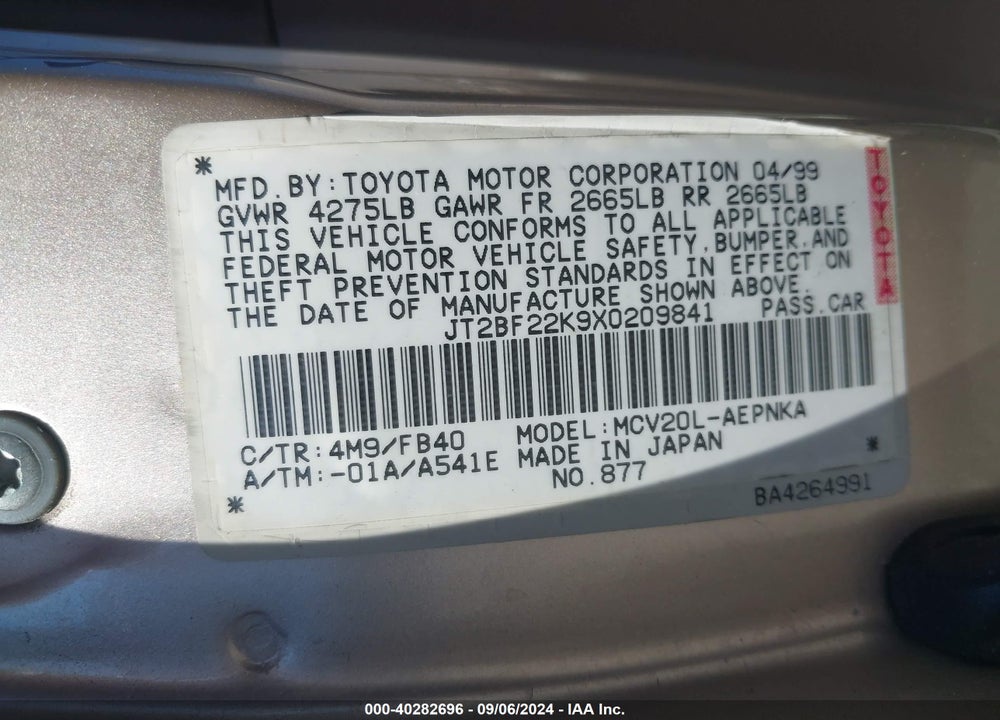 1999 TOYOTA CAMRY LE V6 VIN: JT2BF22K9X0209841