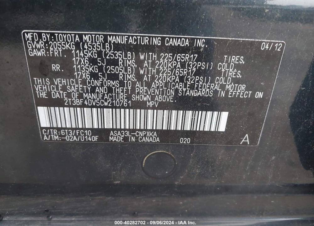 2012 TOYOTA RAV4 VIN: 2T3BF4DV5CW210761