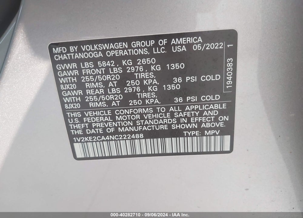 2022 VOLKSWAGEN ATLAS CROSS SPORT 3.6L V6 SE W/TECHNOLOGY VIN: 1V2KE2CA4NC222488