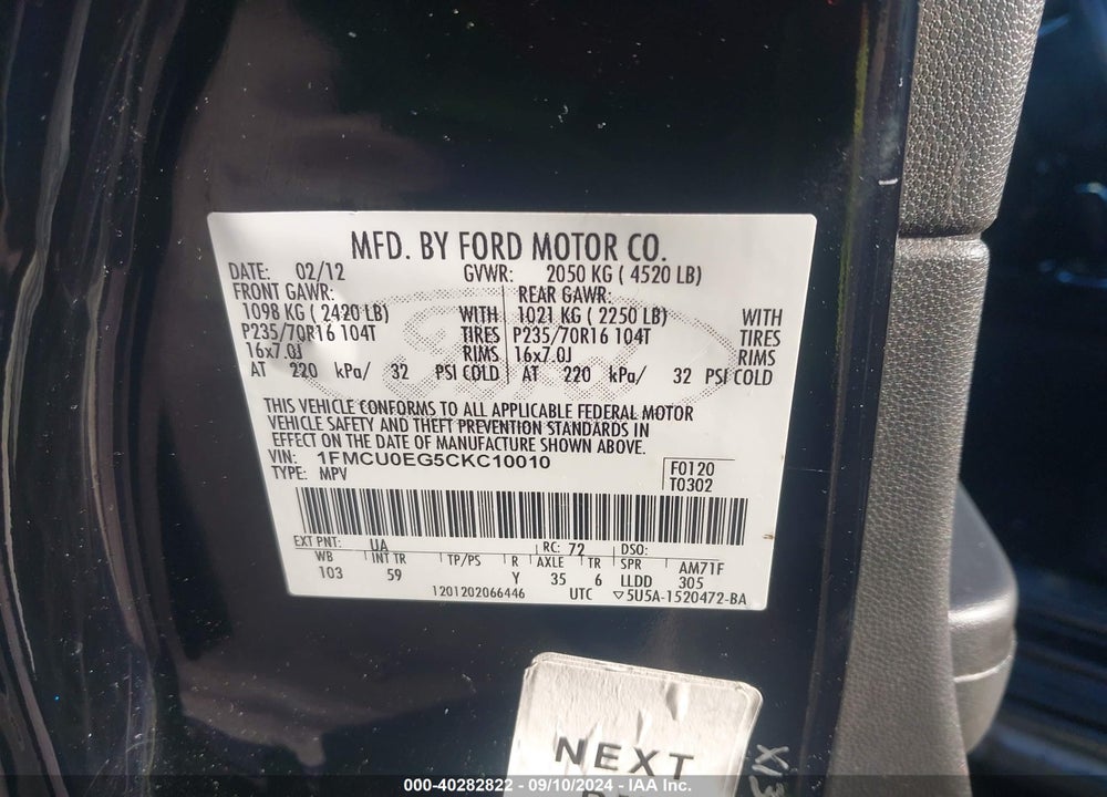 2012 FORD ESCAPE LIMITED VIN: 1FMCU0EG5CKC10010