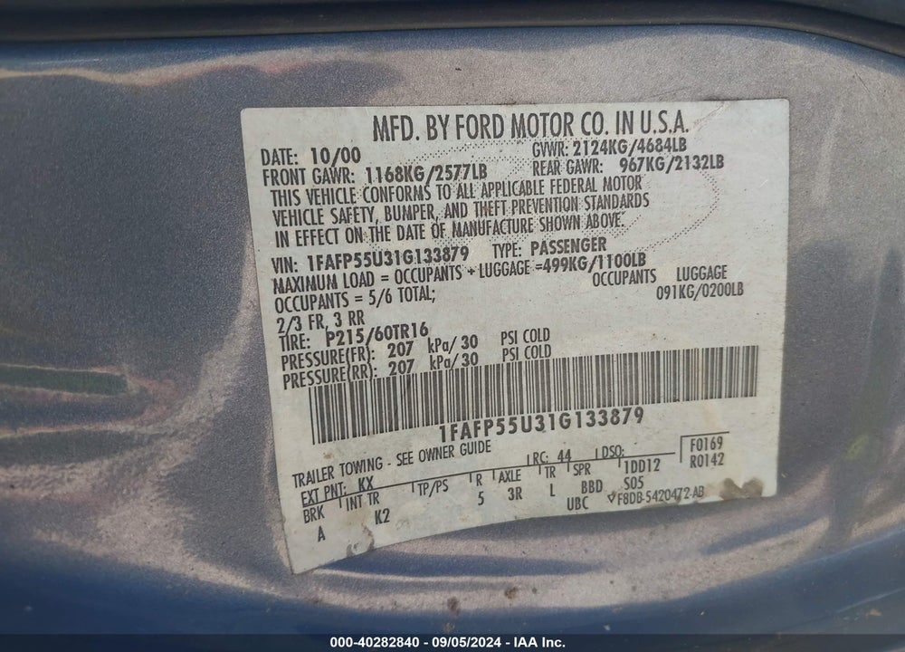 2001 FORD TAURUS SES VIN: 1FAFP55U31G133879