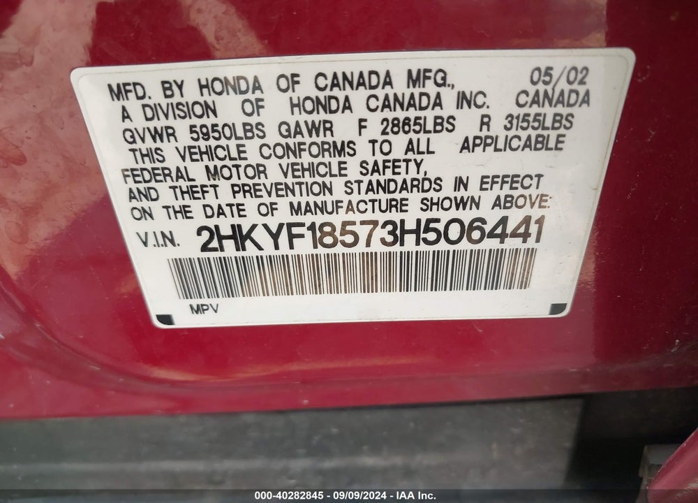 2003 HONDA PILOT VIN: 2HKYF18573H506441