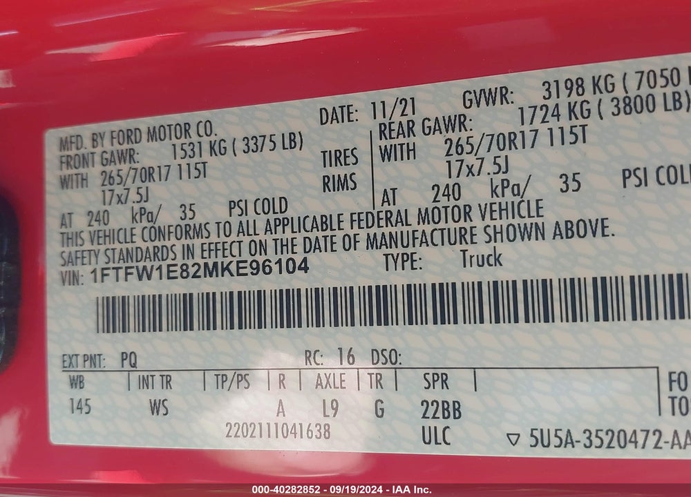 2021 FORD F-150 XL VIN: 1FTFW1E82MKE96104
