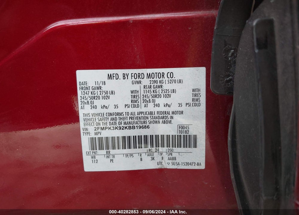 2019 FORD EDGE TITANIUM VIN: 2FMPK3K92KBB19686