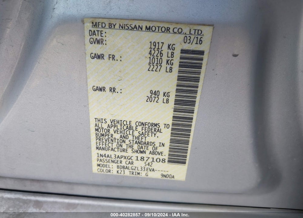 2016 NISSAN ALTIMA VIN: 1N4AL3APXGC187108