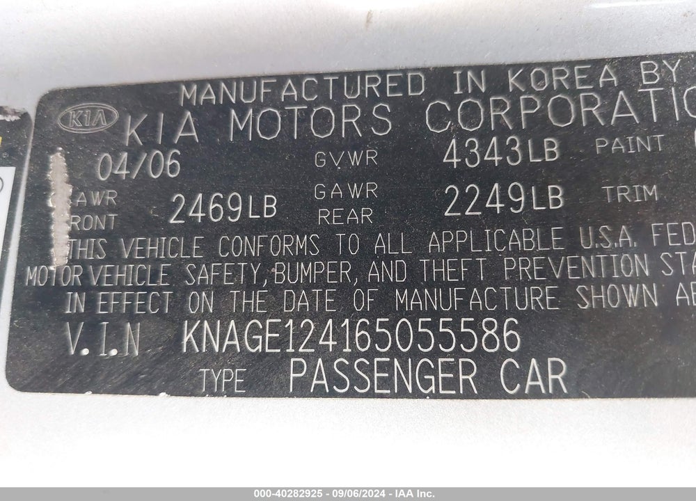 2006 KIA OPTIMA EX V6 (NEW)/LX V6 (NEW) VIN: KNAGE124165055586