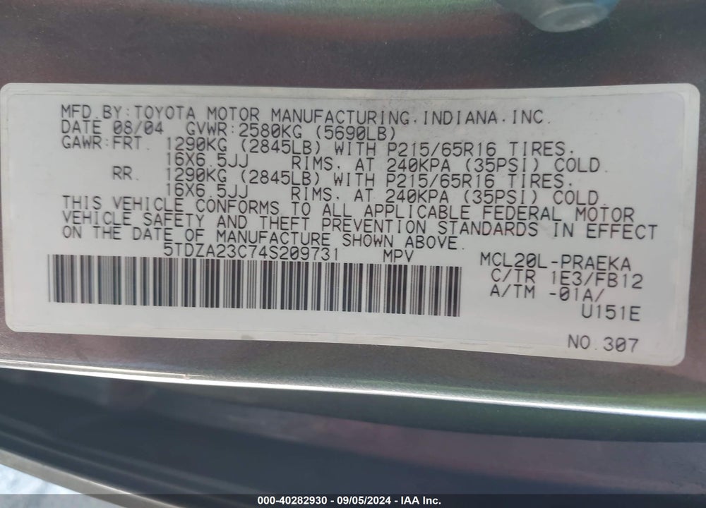 2004 TOYOTA SIENNA LE VIN: 5TDZA23C74S209731