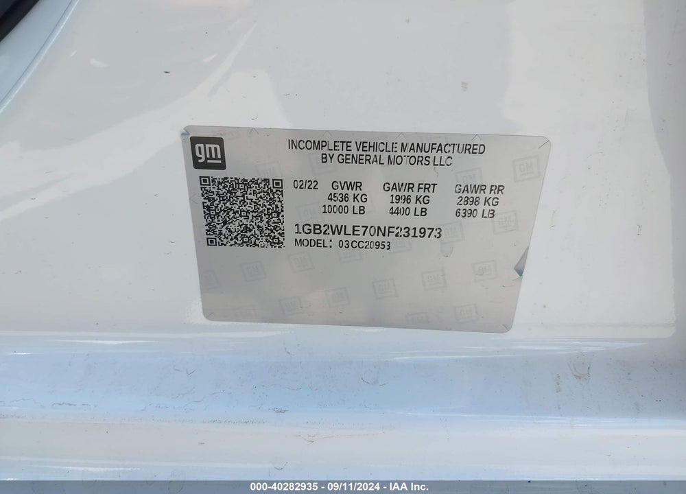 2022 CHEVROLET SILVERADO 2500HD 2WD DOUBLE CAB LONG BED WT VIN: 1GB2WLE70NF231973