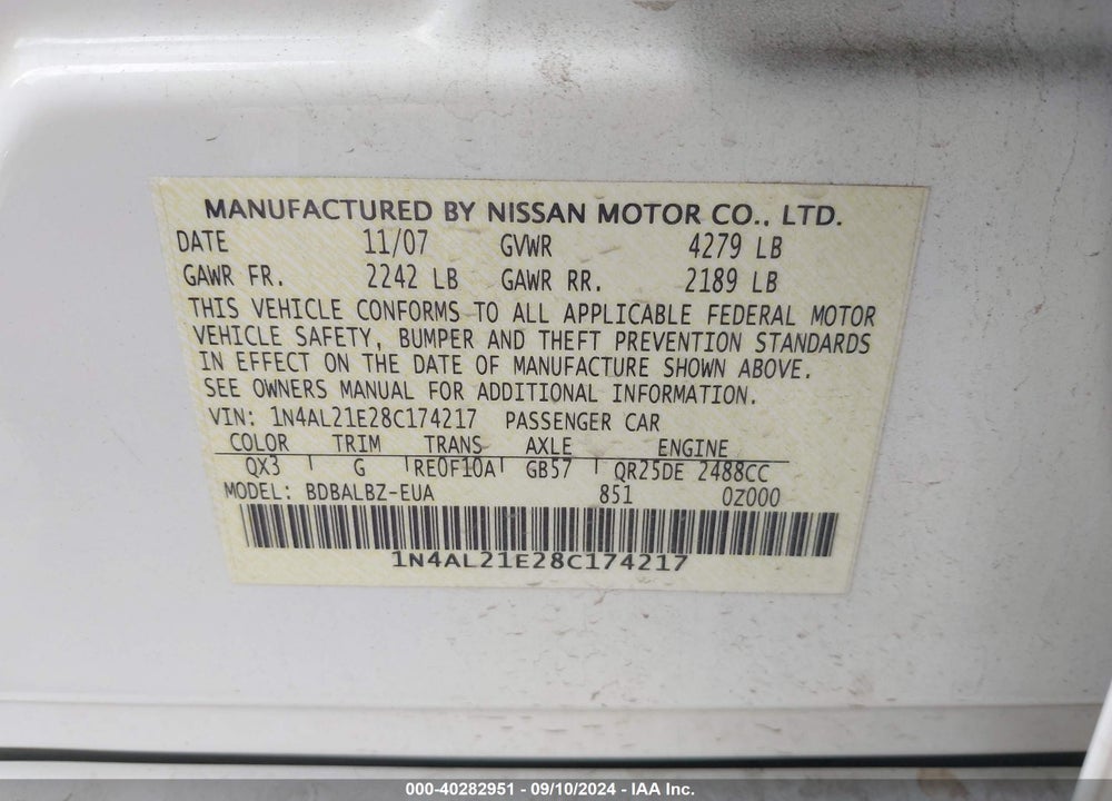 2008 NISSAN ALTIMA 2.5 S VIN: 1N4AL21E28C174217