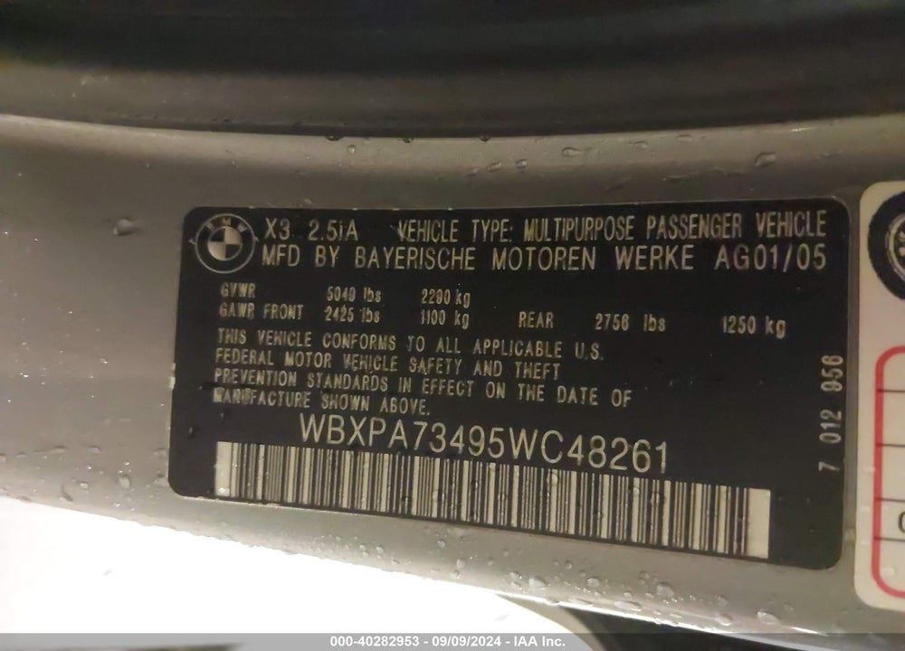 2005 BMW X3 2.5I VIN: WBXPA73495WC48261