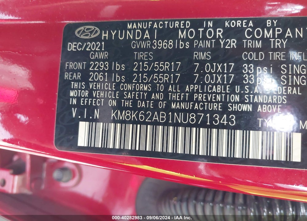 2022 HYUNDAI KONA SEL VIN: KM8K62AB1NU871343