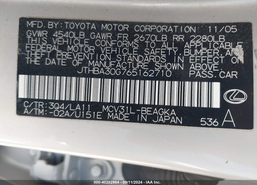 2006 LEXUS ES 330 VIN: JTHBA30G765162710