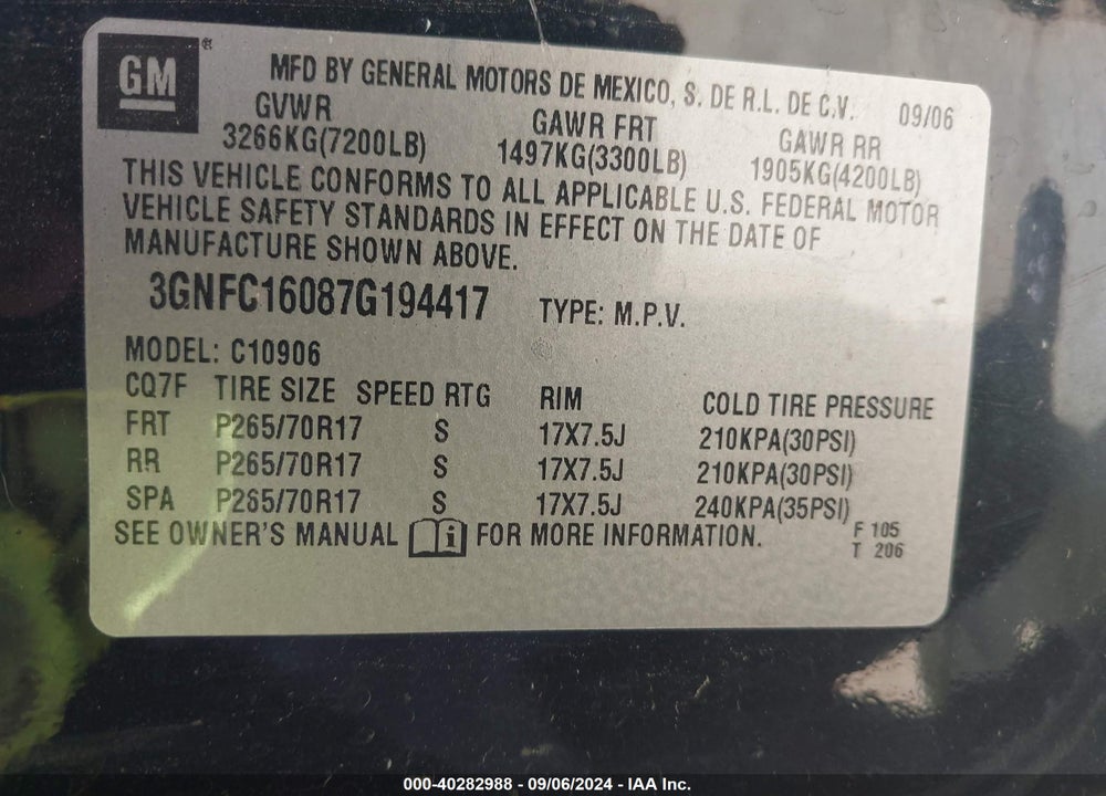2007 CHEVROLET SUBURBAN 1500 LS VIN: 3GNFC16087G194417