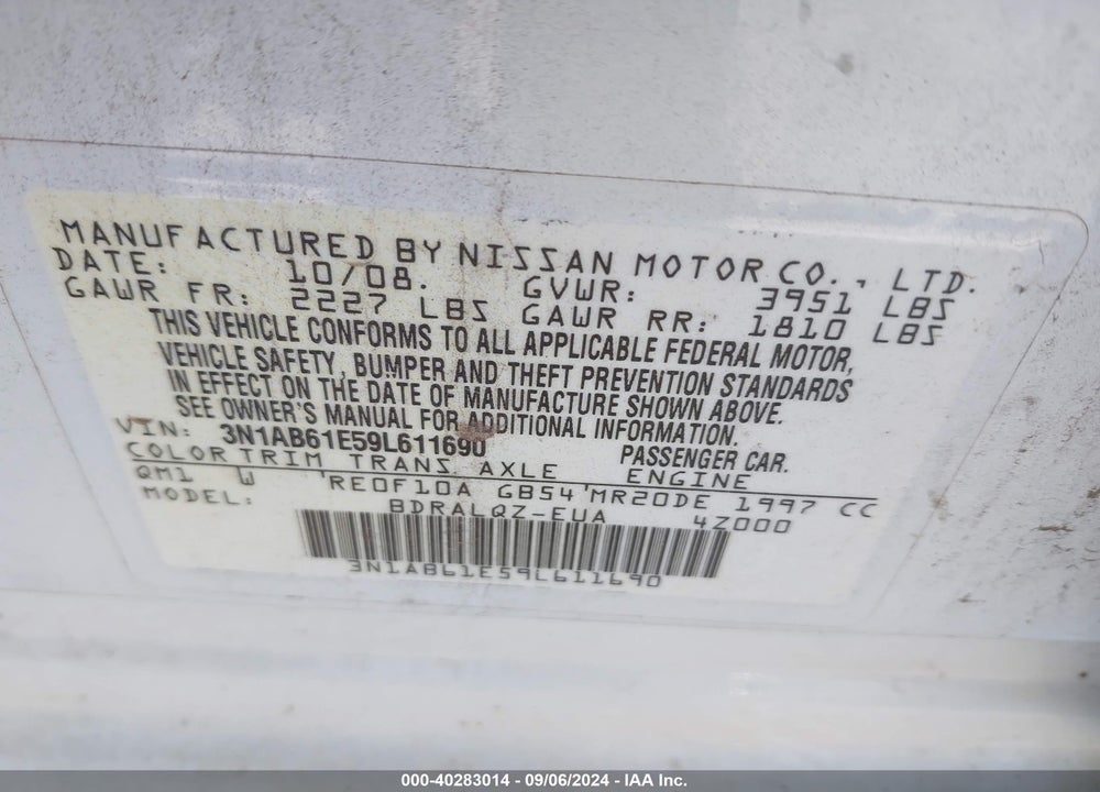 2009 NISSAN SENTRA 2.0 VIN: 3N1AB61E59L611690