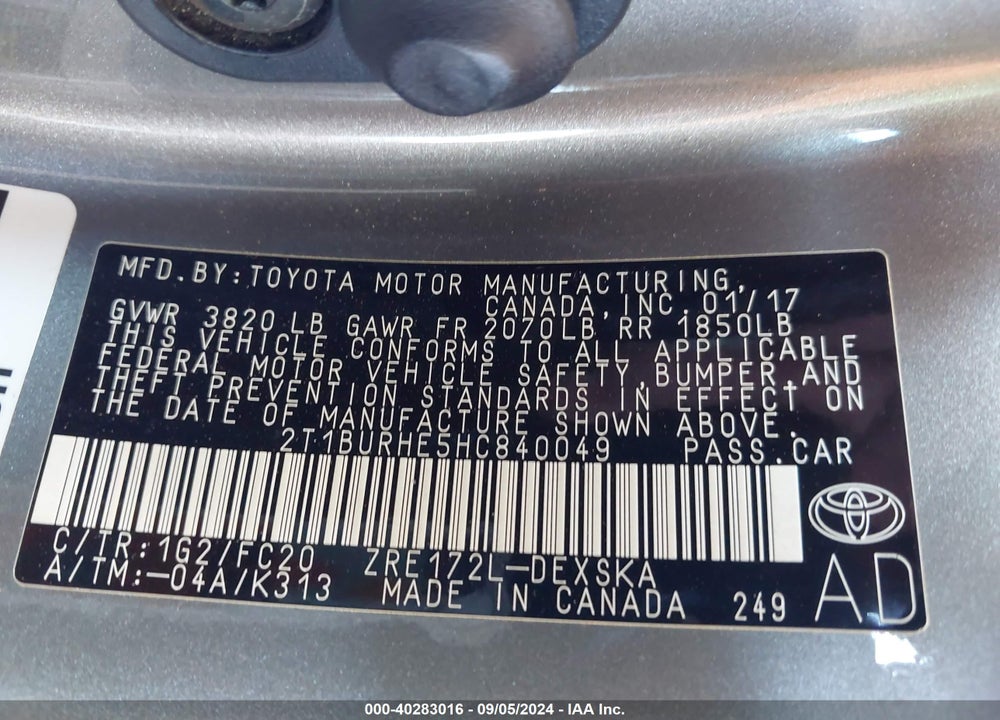 2017 TOYOTA COROLLA SE VIN: 2T1BURHE5HC840049