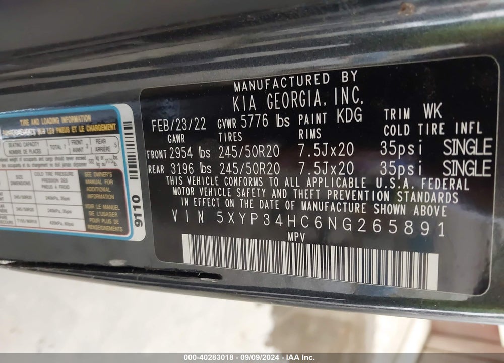 2022 KIA TELLURIDE EX VIN: 5XYP34HC6NG265891