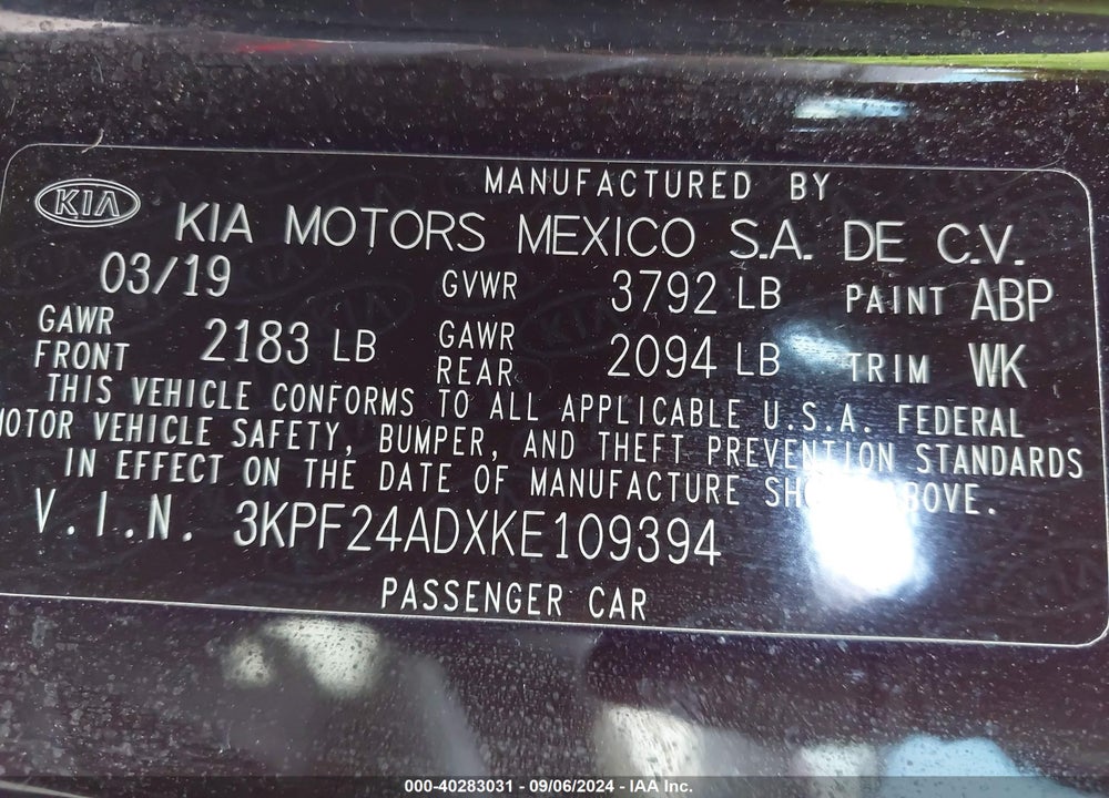 2019 KIA FORTE LXS VIN: 3KPF24ADXKE109394