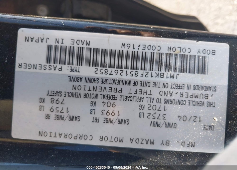 2005 MAZDA 3 I VIN: JM1BK12F851267852