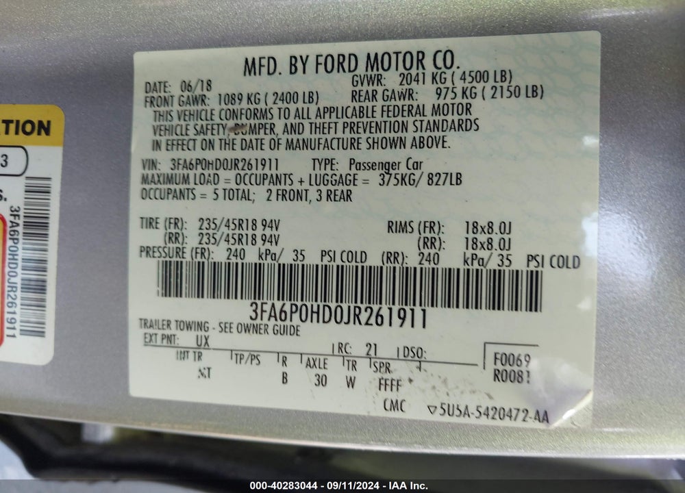 2018 FORD FUSION SE VIN: 3FA6P0HD0JR261911