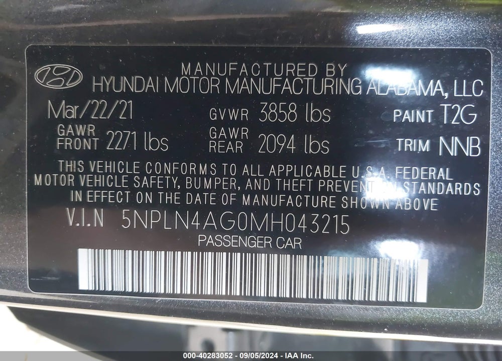 2021 HYUNDAI ELANTRA SEL VIN: 5NPLN4AG0MH043215