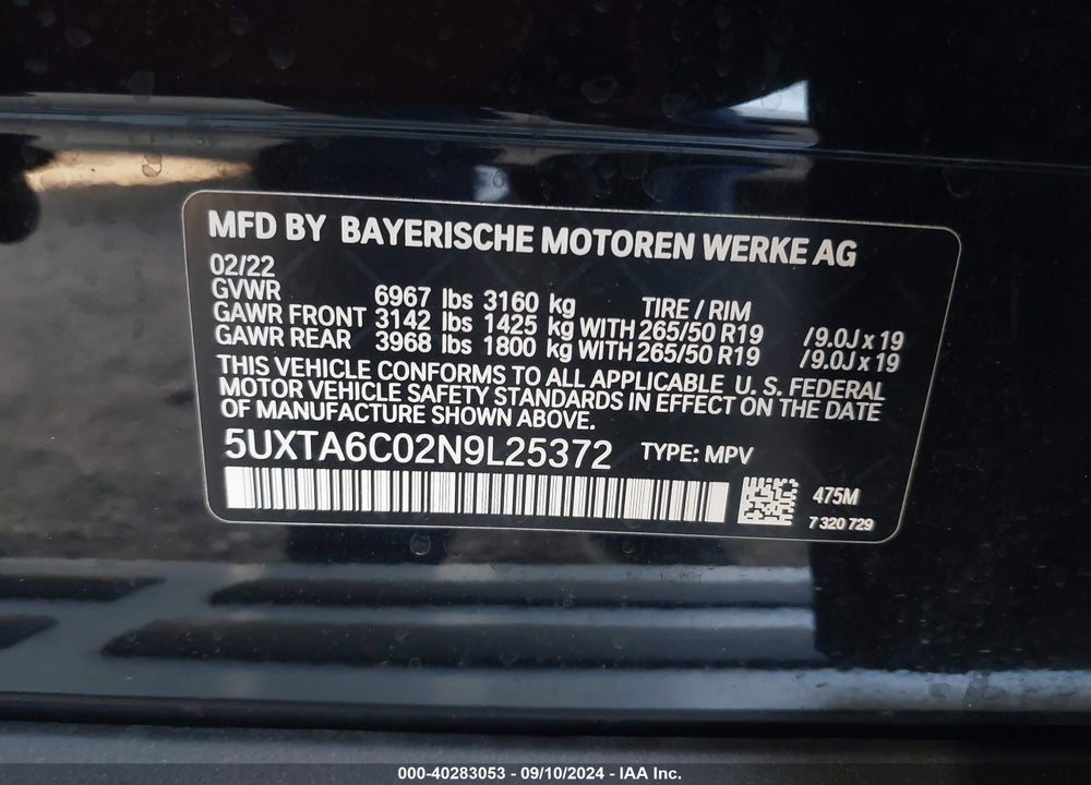 2022 BMW X5 PHEV XDRIVE45E VIN: 5UXTA6C02N9L25372
