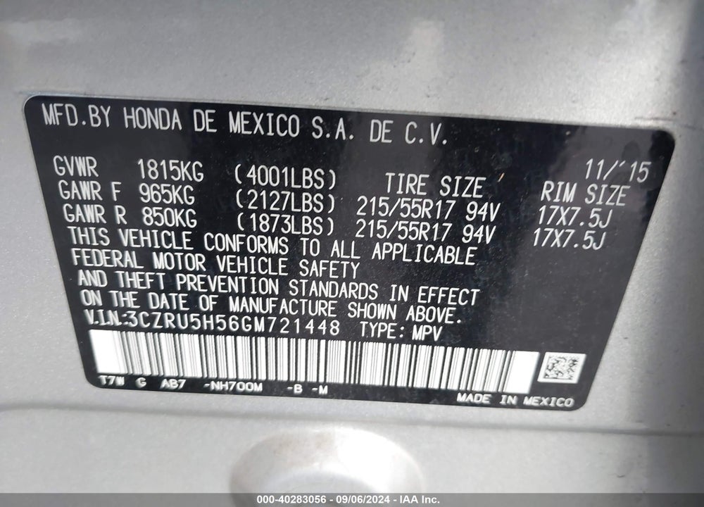 2016 HONDA HR-V EX VIN: 3CZRU5H56GM721448