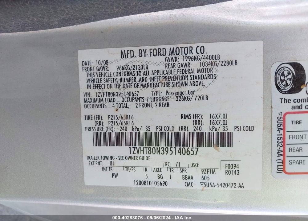 2009 FORD MUSTANG V6/V6 PREMIUM VIN: 1ZVHT80N395140657