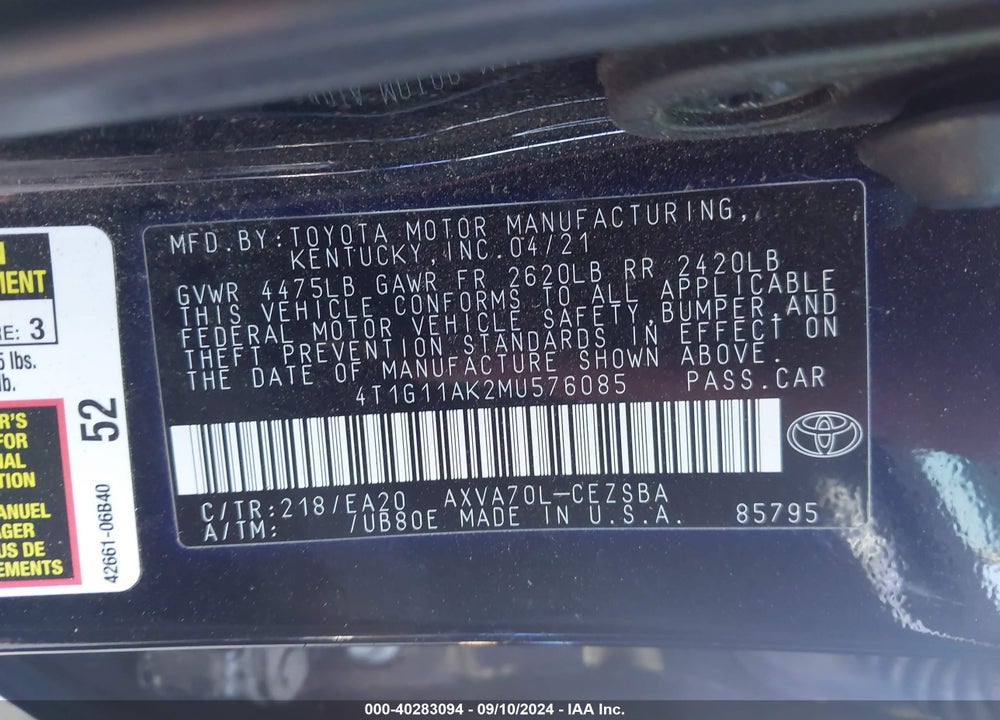 2021 TOYOTA CAMRY SE VIN: 4T1G11AK2MU576085