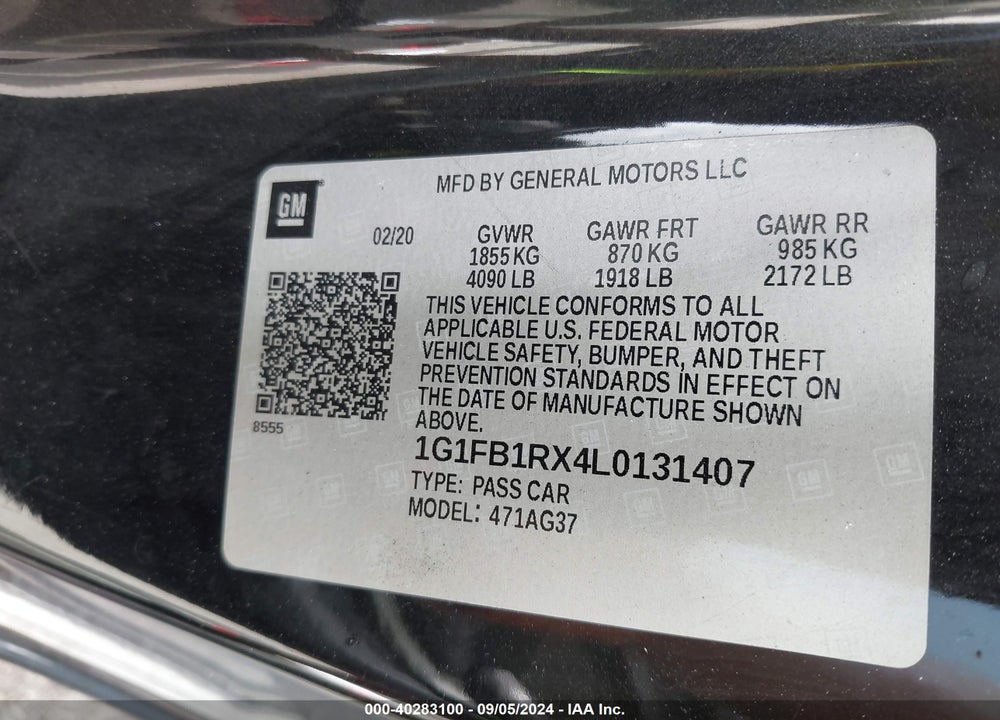 2020 CHEVROLET CAMARO RWD 1LT VIN: 1G1FB1RX4L0131407