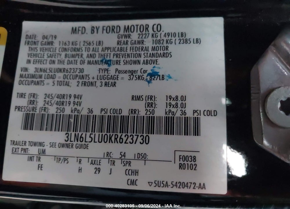2019 LINCOLN MKZ HYBRID RESERVE I VIN: 3LN6L5LU0KR623730