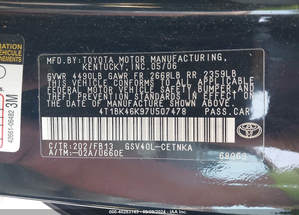2007 TOYOTA CAMRY LE V6 VIN: 4T1BK46K97U507478