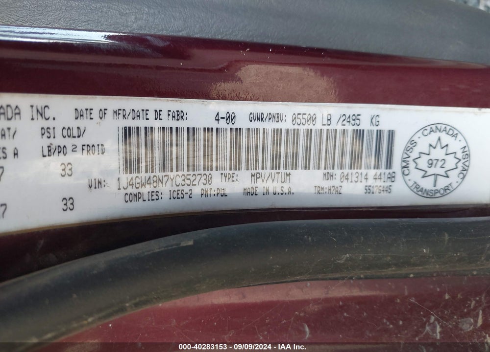 2000 JEEP GRAND CHEROKEE LAREDO VIN: 1J4GW48N7YC352730