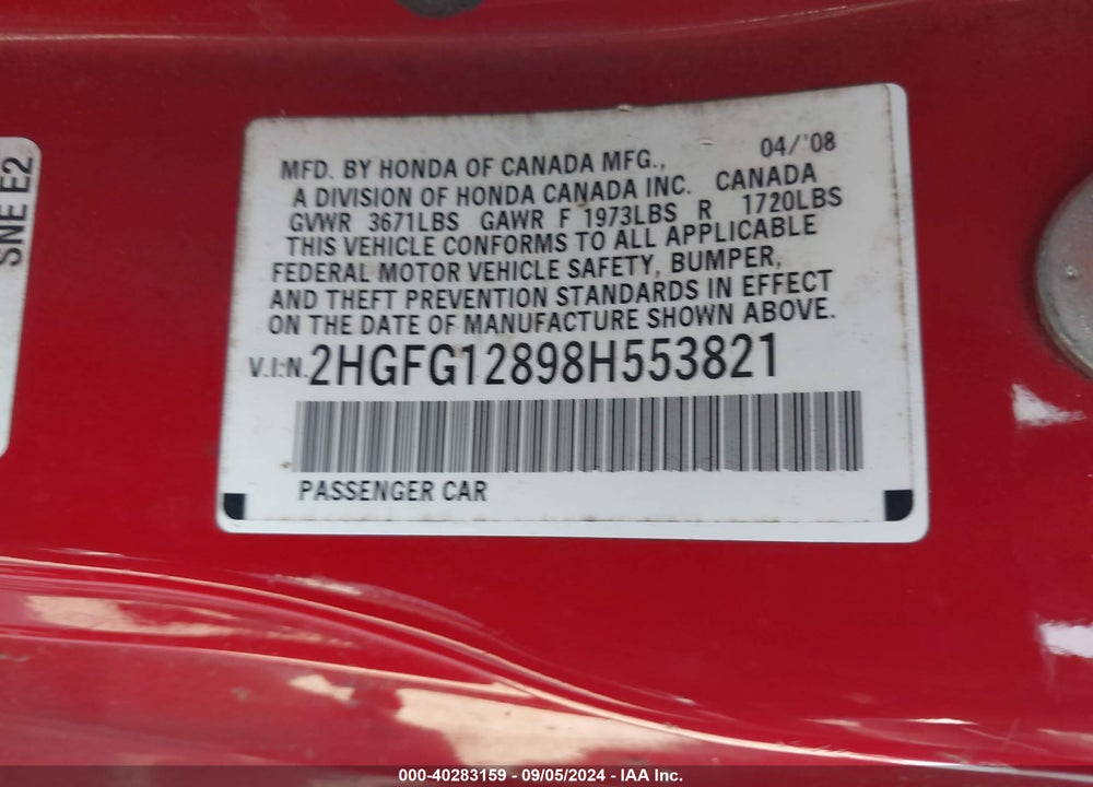 2008 HONDA CIVIC EX VIN: 2HGFG12898H553821