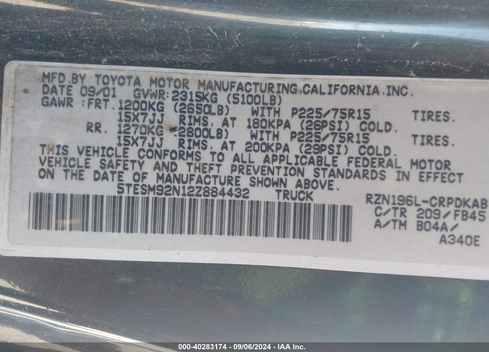 2002 TOYOTA TACOMA VIN: 5TESM92N12Z884432
