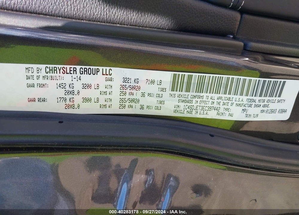 2014 DODGE DURANGO CITADEL VIN: 1C4SDJET3EC397442