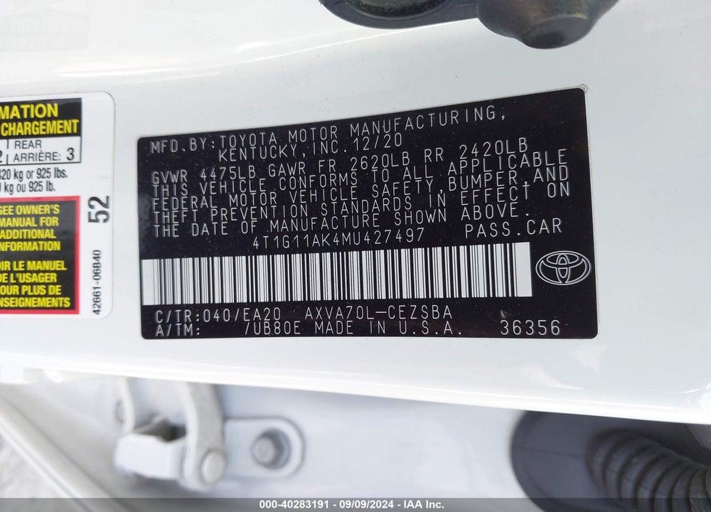 2021 TOYOTA CAMRY SE VIN: 4T1G11AK4MU427497