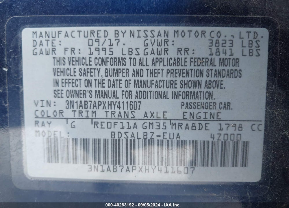 2017 NISSAN SENTRA S VIN: 3N1AB7APXHY411607