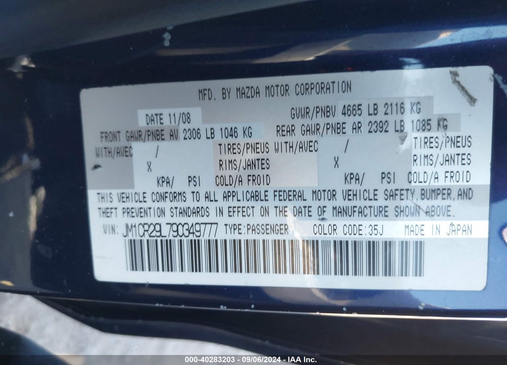 2009 MAZDA 5 TOURING VIN: JM1CR29L790349777