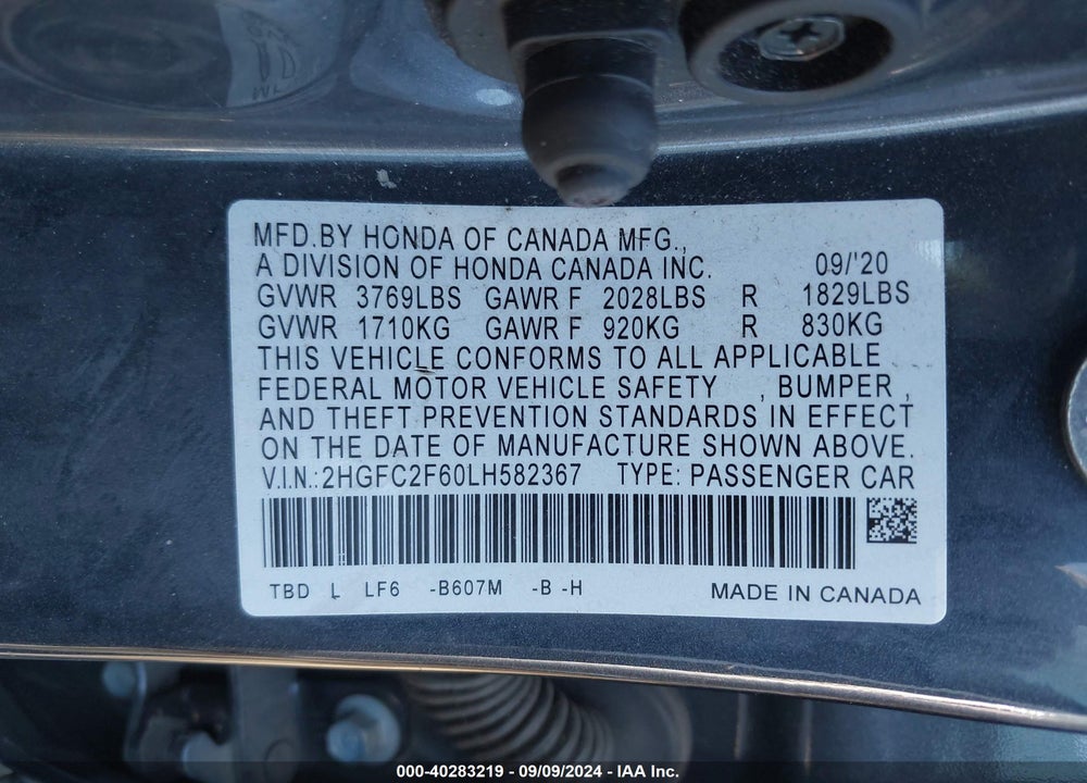 2020 HONDA CIVIC LX VIN: 2HGFC2F60LH582367