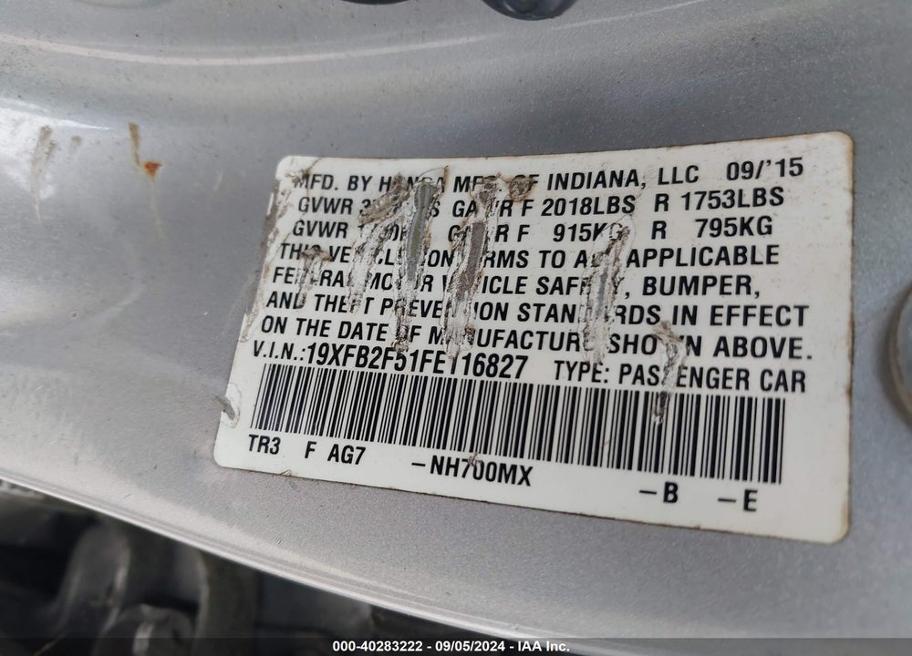 2015 HONDA CIVIC LX VIN: 19XFB2F51FE116827