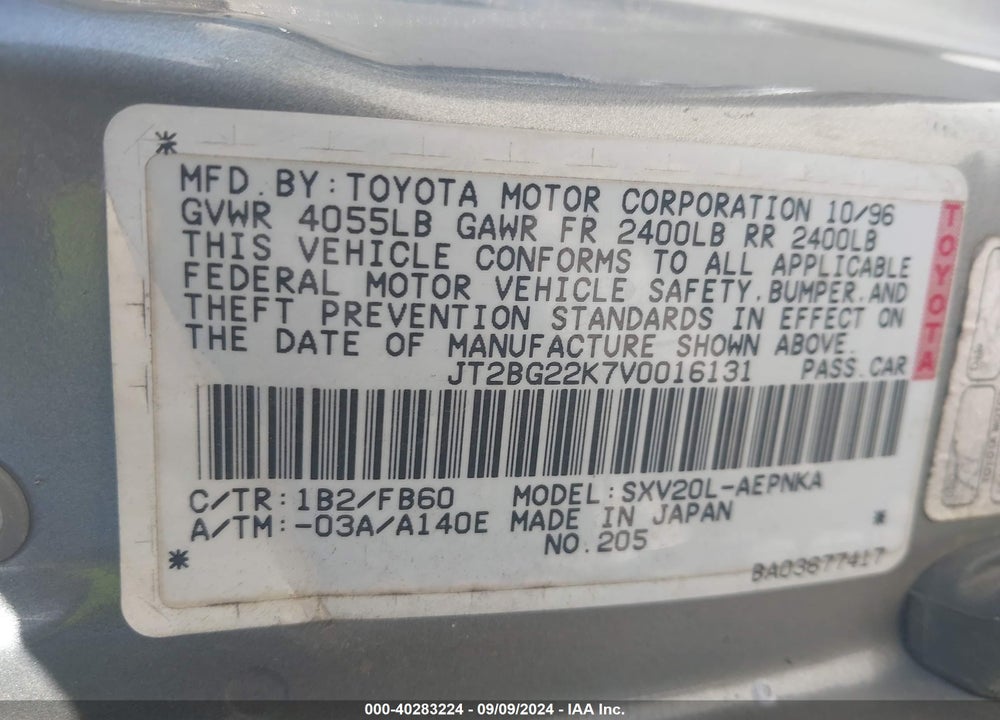 1997 TOYOTA CAMRY LE VIN: JT2BG22K7V0016131