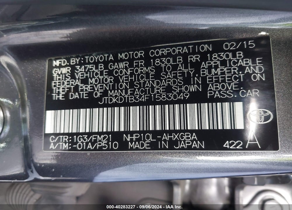 2015 TOYOTA PRIUS C THREE VIN: JTDKDTB34F1583049