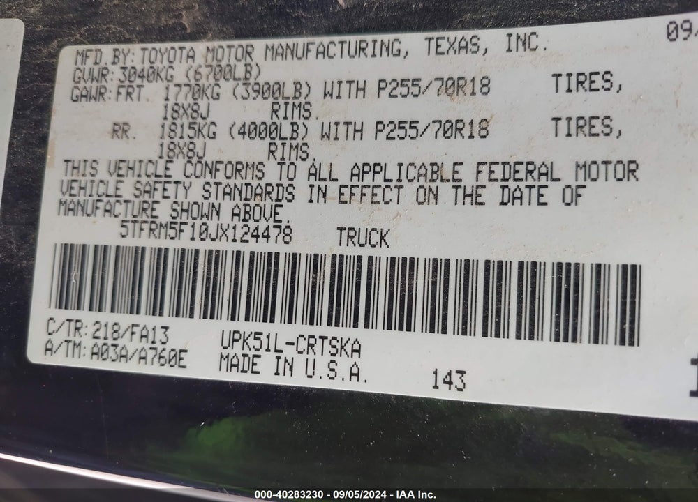 2018 TOYOTA TUNDRA SR 4.6L V8 VIN: 5TFRM5F10JX124478