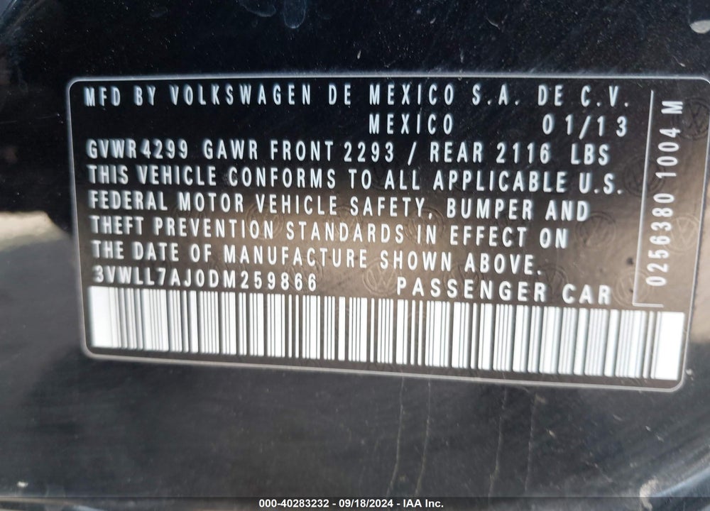 2013 VOLKSWAGEN JETTA 2.0L TDI VIN: 3VWLL7AJ0DM259866