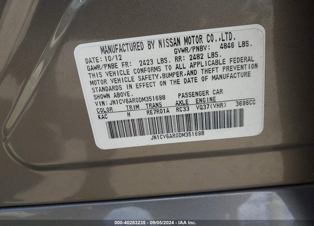 2013 INFINITI G37X VIN: JN1CV6AR0DM351698